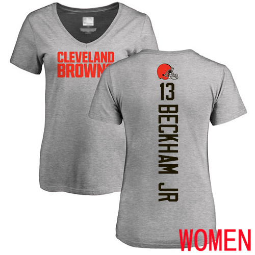 Cleveland Browns Odell Beckham Jr Women Ash Jersey #13 NFL Football Backer V-Neck T Shirt->women nfl jersey->Women Jersey